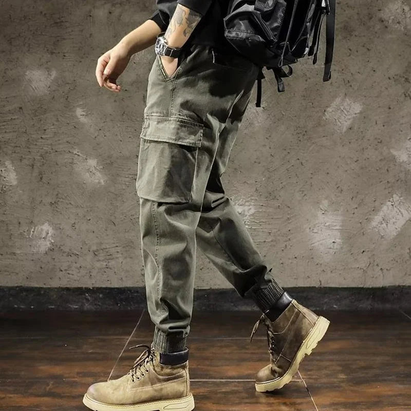 Men Cargo Pants Male Vintage Multi Pocket Loose Fit American Style Casual Cloth Pants High Street Outdoor Resistant Work Pants - KHOY