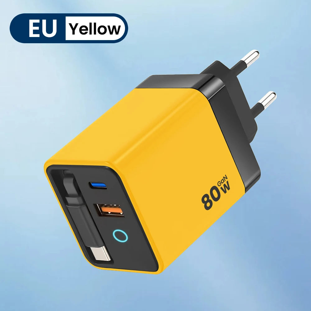 80W Super Fast Charge Type C USB Phone Charger With Telescopic USB C Cable For Iphone 16 15 Samsung Laptop With Light - KHOY
