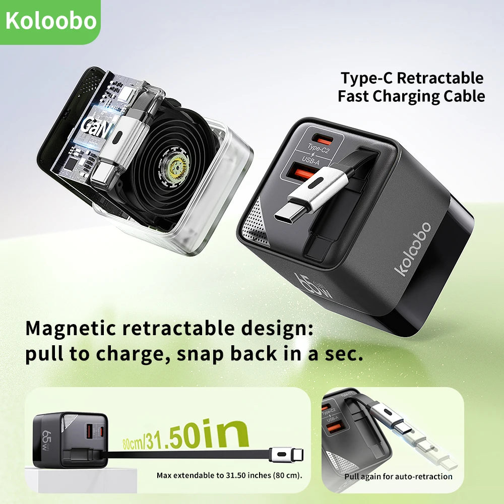 65W GaN Fast Charger Three-Port USB-C Charging Head Built-in 80cm Retractable TypeC Cable for iPhone16 15 14 13 Xiaomi Samsung - KHOY