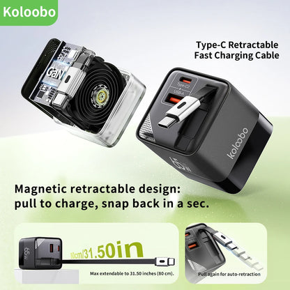 65W GaN Fast Charger Three-Port USB-C Charging Head Built-in 80cm Retractable TypeC Cable for iPhone16 15 14 13 Xiaomi Samsung - KHOY