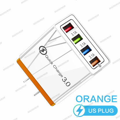 3A USB Charger 4 Ports USB Quick Charge 3.0 EU US Plug For iPhone Samsung Xiaomi Poco Fast Charging Mobile Phone Charger Adapter - KHOY