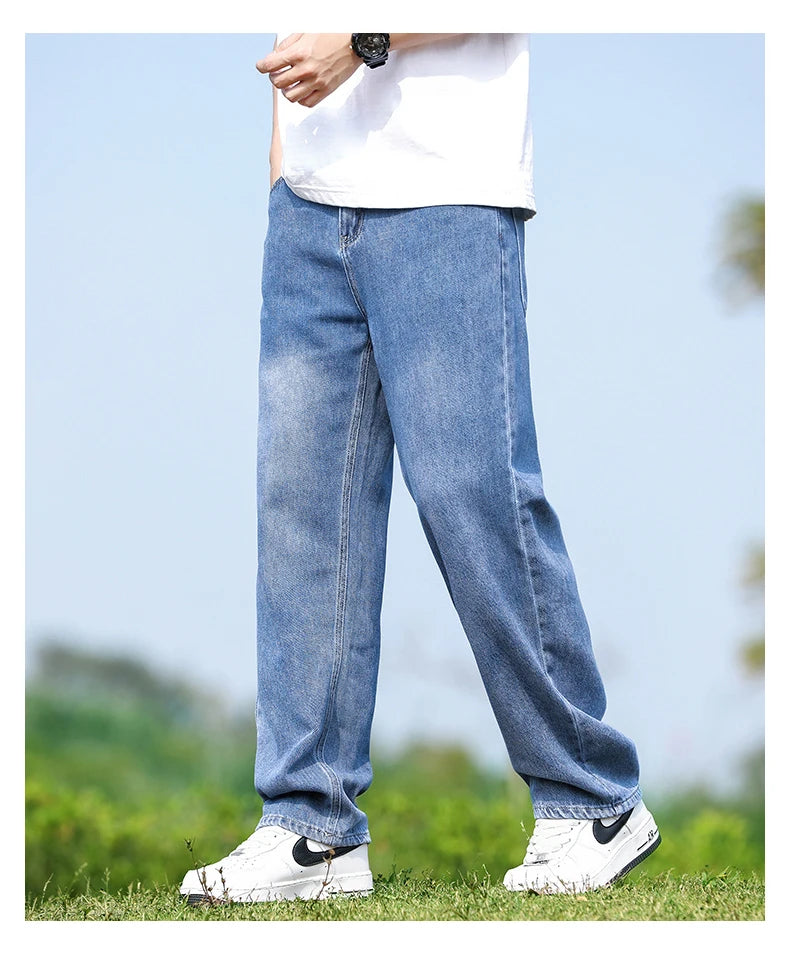 Men's Straight-Leg Jeans, Minimalist for All Seasons, Loose with Drape, Narrow-Wide Leg, Retro Casual Long Pants, Sizes 28-38 - KHOY