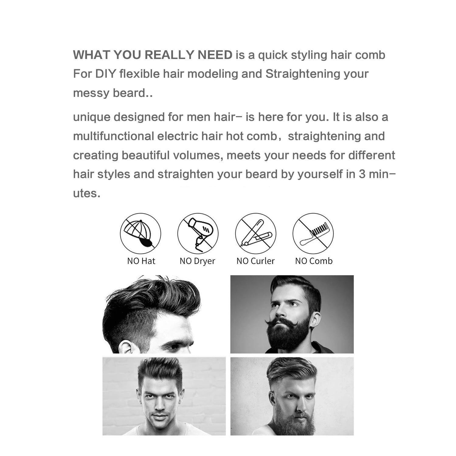 Hot Comb Straightener Heating Comb For Men Beard Electric Negative Ion Hair Straightening Brush Wet Dry Use Quick Hair Styler - KHOY