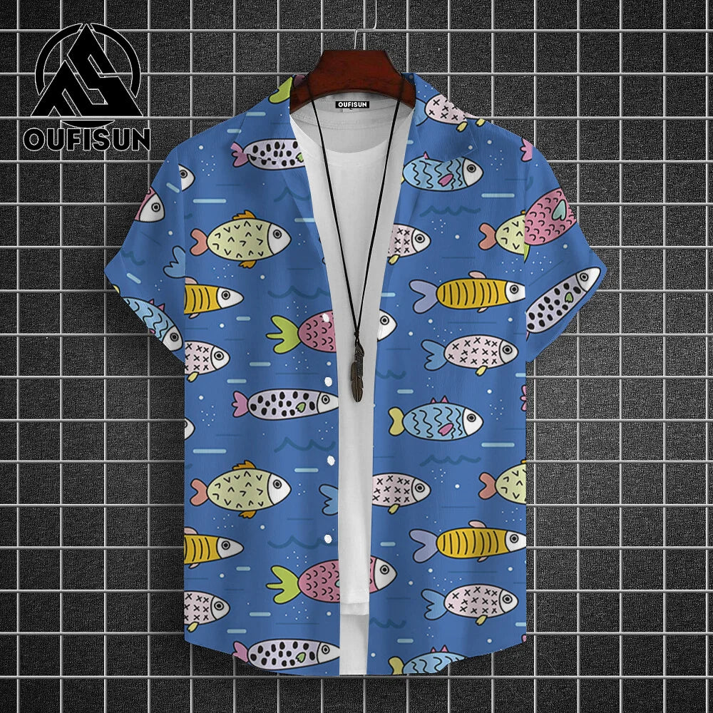 Hawaiian Shirt For Men Beach Casual Men's Short Sleeved Shirts New Cute Fish 3d Print Men's Shirt Oversized Men's Clothing 5xl - KHOY