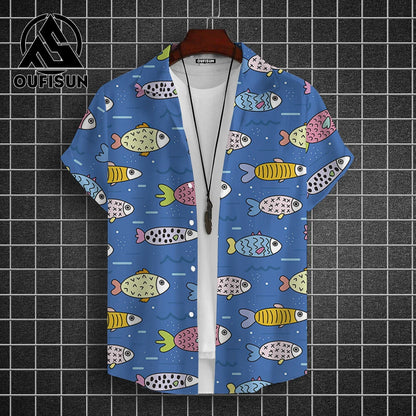 Hawaiian Shirt For Men Beach Casual Men's Short Sleeved Shirts New Cute Fish 3d Print Men's Shirt Oversized Men's Clothing 5xl - KHOY