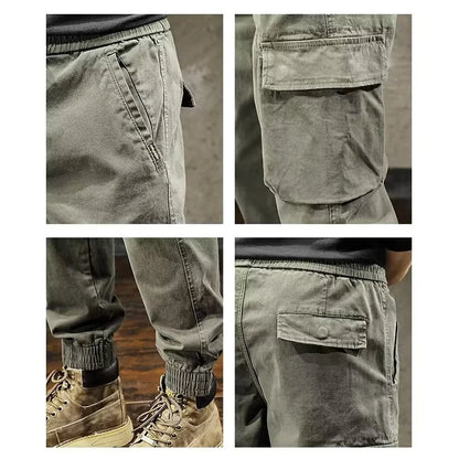 Men Cargo Pants Male Vintage Multi Pocket Loose Fit American Style Casual Cloth Pants High Street Outdoor Resistant Work Pants - KHOY