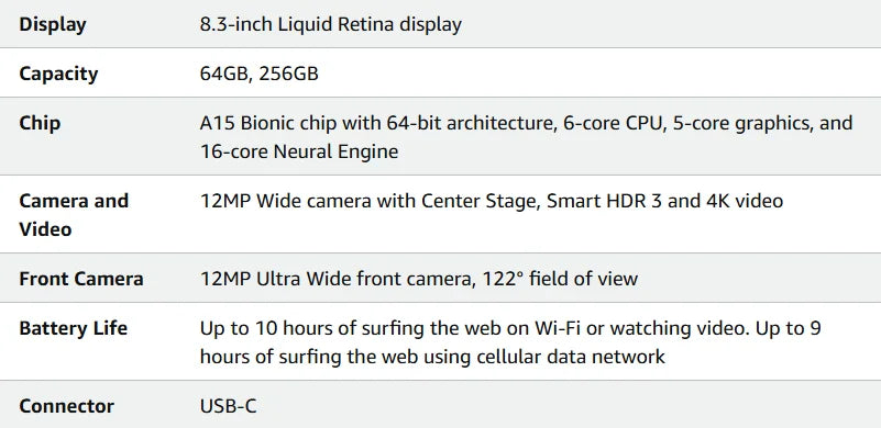 2021 IPad Mini 6 A15 8.3Inch 64G/128G/256G WiFi Cellular Touch ID,Original 6-core CPU 5-core GPU 16-core Neural Engine - KHOY