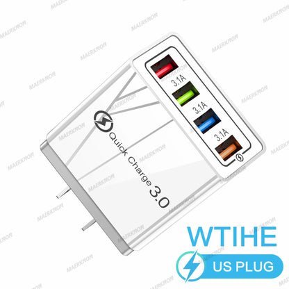 3A USB Charger 4 Ports USB Quick Charge 3.0 EU US Plug For iPhone Samsung Xiaomi Poco Fast Charging Mobile Phone Charger Adapter - KHOY