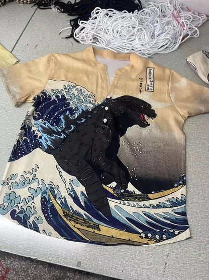 2024 Hawaiian Shirt Men's Stand Collar Short Sleeve Shirt Portrait 3D Printing Fashion Casual Bamboo Linen Top S-5XL - KHOY
