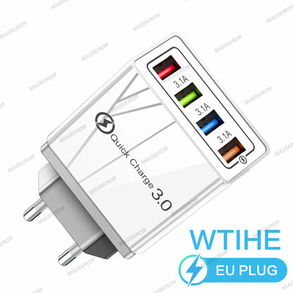 3A USB Charger 4 Ports USB Quick Charge 3.0 EU US Plug For iPhone Samsung Xiaomi Poco Fast Charging Mobile Phone Charger Adapter - KHOY