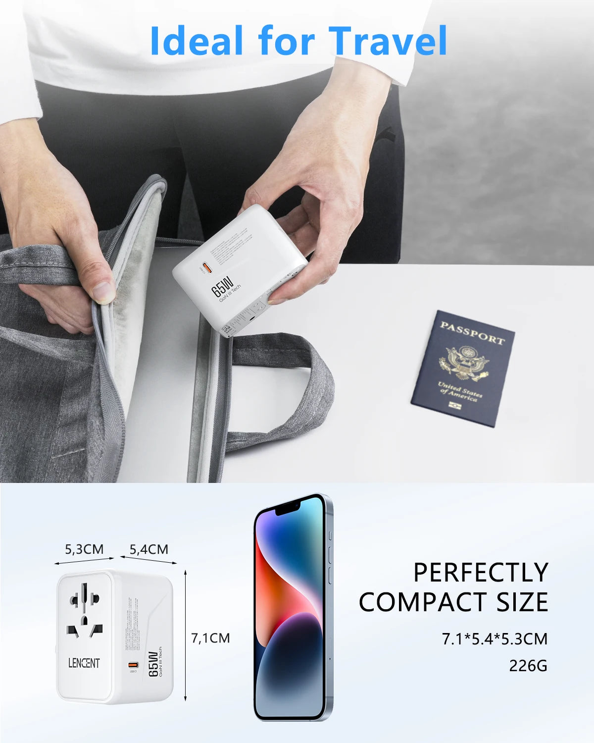 LENCENT 65W/100W GaN International Travel Adapter with 2USB 3 Type C GaN Fast Charging Adapter with EU AU US UK Plug for Travel - KHOY