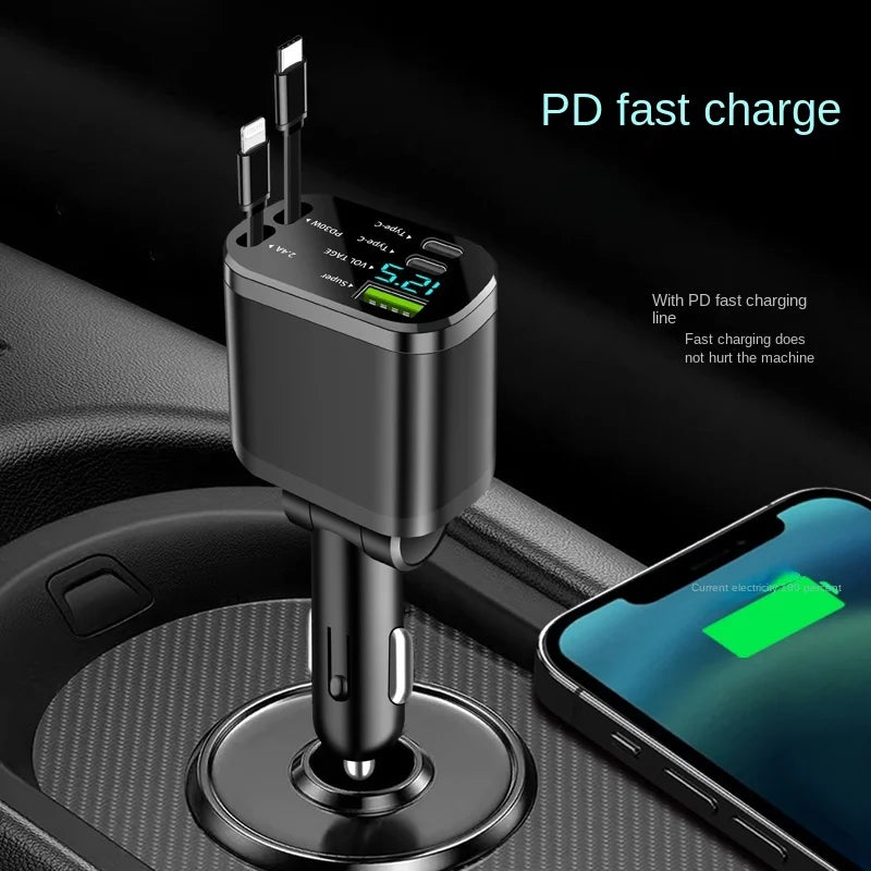 Car charger, car charger with retractable cable, car PD, car fast charging, super fast charging, flash charging, five in one cig - KHOY