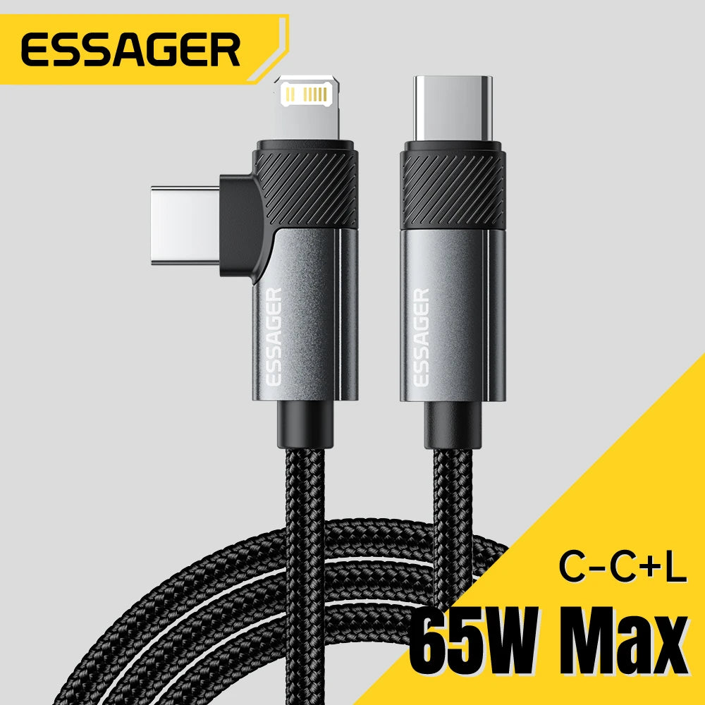 Essager 2-in-1 Right Angle Cable PD 65W 29W Fast Charging Elbow Data Cable For iPhone 15 14 13 MacBook Lenovo Asus Dell iPad Pro - KHOY