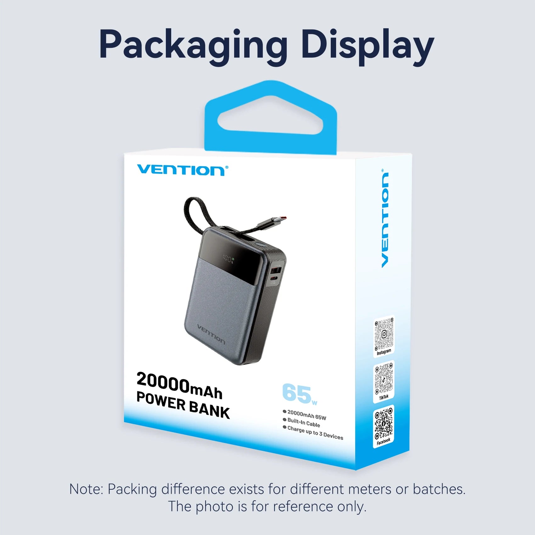 Vention Power Bank 20000mAh 65W PD Fast Charger with Built-in Type-C Cable External Spare Battery Portable Power Bank for Laptop - KHOY