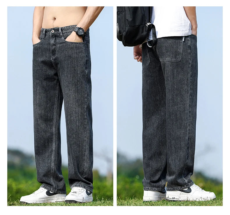 Men's Straight-Leg Jeans, Minimalist for All Seasons, Loose with Drape, Narrow-Wide Leg, Retro Casual Long Pants, Sizes 28-38 - KHOY