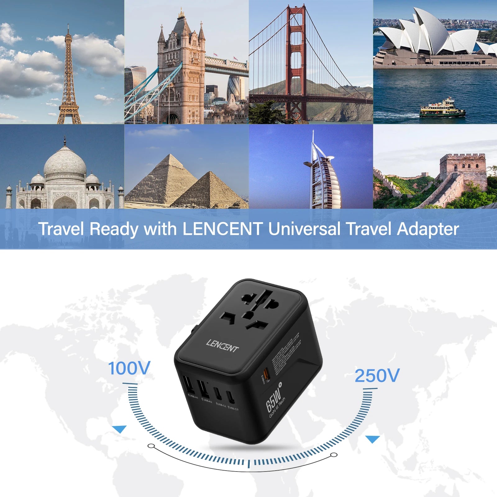 LENCENT 65W/100W GaN International Travel Adapter with 2USB 3 Type C GaN Fast Charging Adapter with EU AU US UK Plug for Travel - KHOY