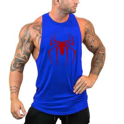 Red Spider Printed Running Tank Tops Gym Fitness Cotton Breathable Sleeveless T-Shirt Mens Bodybuilding Loose Training Clothing - KHOY