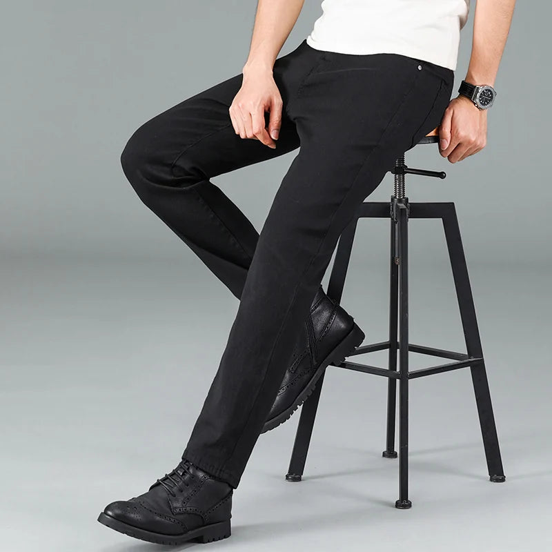 Men's pure black jeans Korean version trendy straight fit pants men's comfortable and elastic classic business jeans - KHOY