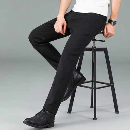 Men's pure black jeans Korean version trendy straight fit pants men's comfortable and elastic classic business jeans - KHOY