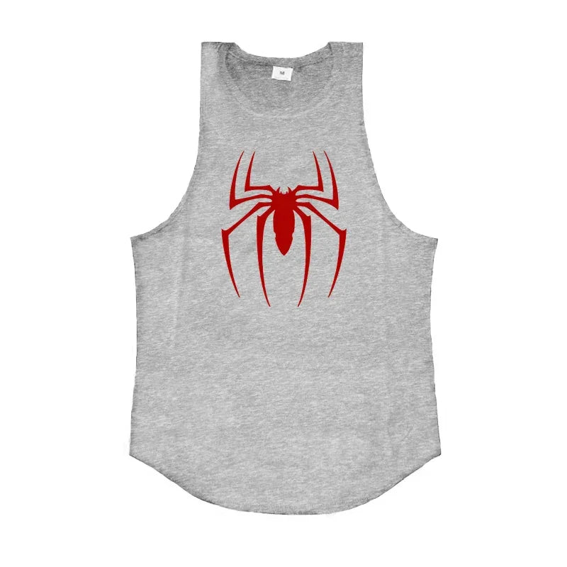 Red Spider Printed Running Tank Tops Gym Fitness Cotton Breathable Sleeveless T-Shirt Mens Bodybuilding Loose Training Clothing - KHOY