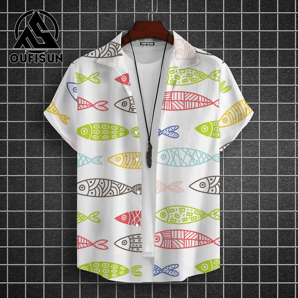 Hawaiian Shirt For Men Beach Casual Men's Short Sleeved Shirts New Cute Fish 3d Print Men's Shirt Oversized Men's Clothing 5xl - KHOY