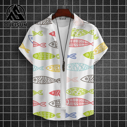 Hawaiian Shirt For Men Beach Casual Men's Short Sleeved Shirts New Cute Fish 3d Print Men's Shirt Oversized Men's Clothing 5xl - KHOY