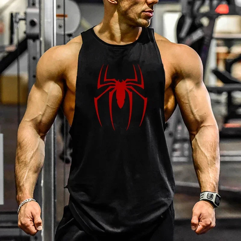 Red Spider Printed Running Tank Tops Gym Fitness Cotton Breathable Sleeveless T-Shirt Mens Bodybuilding Loose Training Clothing - KHOY