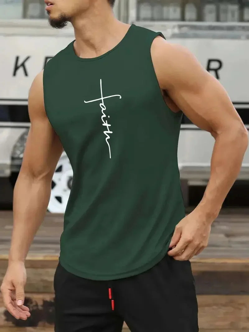 Summer Simple Letter Print Men's Round Neck Tank Top Gym Fitness Training Sports Vest Plus Size Man Sleeveless Shirt Casual Tees - KHOY