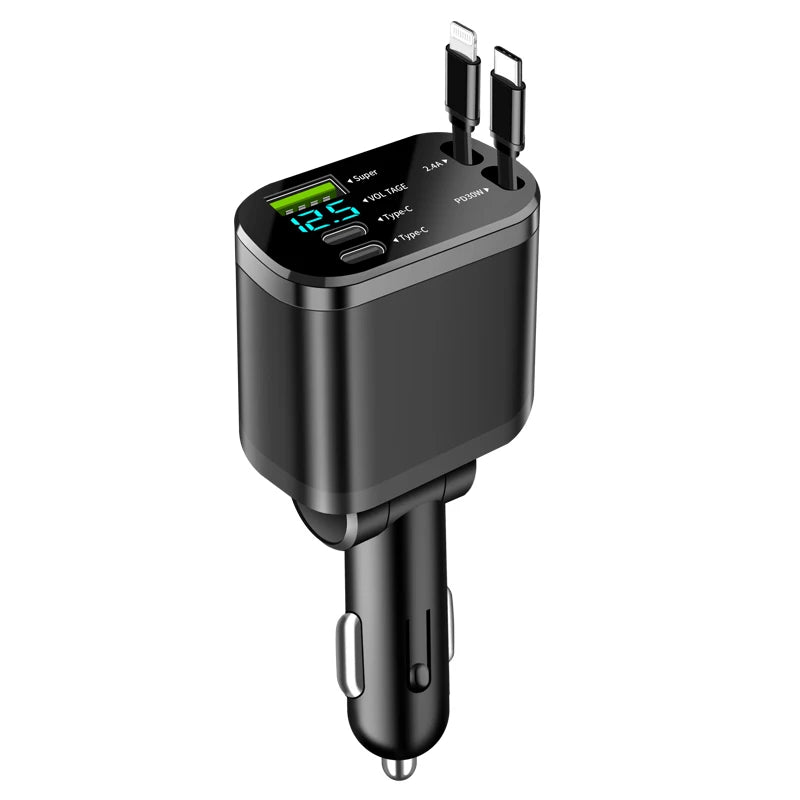 Car charger, car charger with retractable cable, car PD, car fast charging, super fast charging, flash charging, five in one cig - KHOY