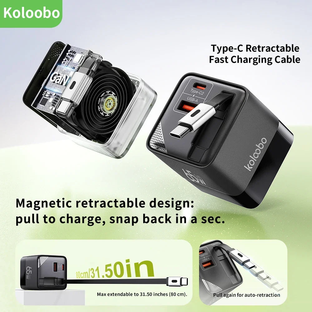 65W GaN Fast Charger Three-Port USB-C Charging Head Built-in 80cm Retractable TypeC Cable for iPhone16 15 14 13 Xiaomi Samsung - KHOY
