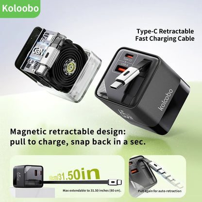 65W GaN Fast Charger Three-Port USB-C Charging Head Built-in 80cm Retractable TypeC Cable for iPhone16 15 14 13 Xiaomi Samsung - KHOY