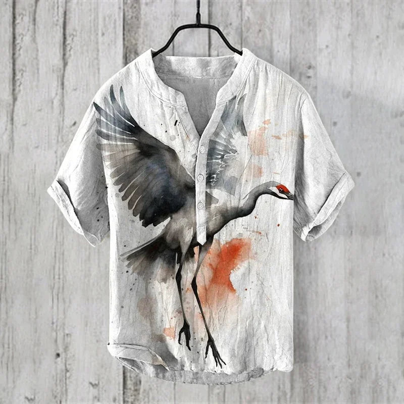 2024 Hawaiian Shirt Men's Stand Collar Short Sleeve Shirt Portrait 3D Printing Fashion Casual Bamboo Linen Top S-5XL - KHOY