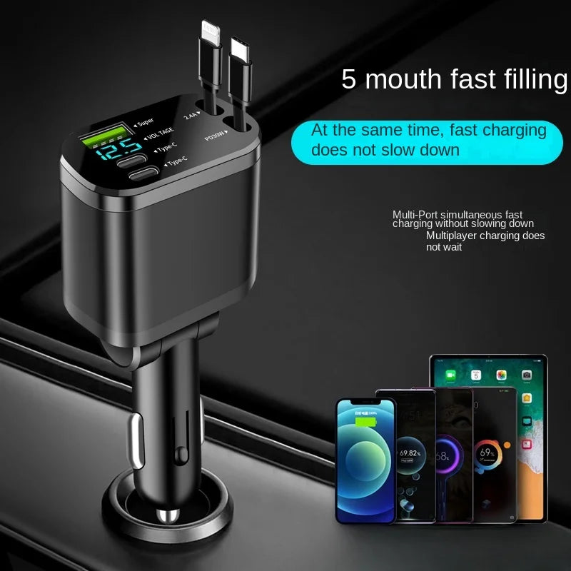 Car charger, car charger with retractable cable, car PD, car fast charging, super fast charging, flash charging, five in one cig - KHOY