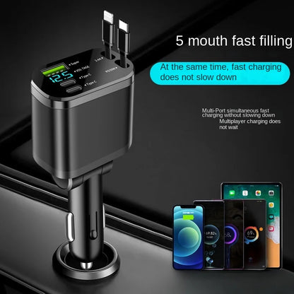 Car charger, car charger with retractable cable, car PD, car fast charging, super fast charging, flash charging, five in one cig - KHOY
