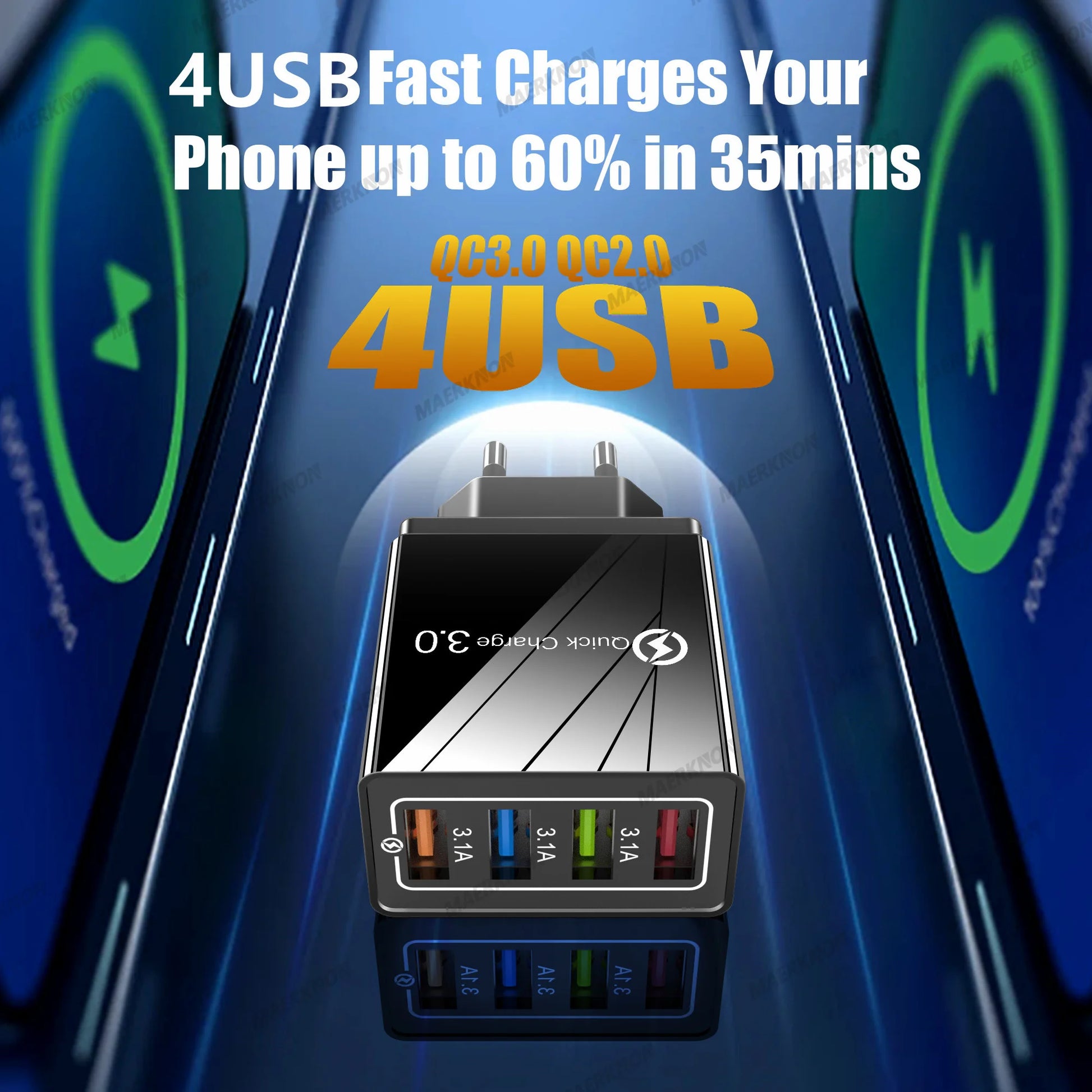3A USB Charger 4 Ports USB Quick Charge 3.0 EU US Plug For iPhone Samsung Xiaomi Poco Fast Charging Mobile Phone Charger Adapter - KHOY