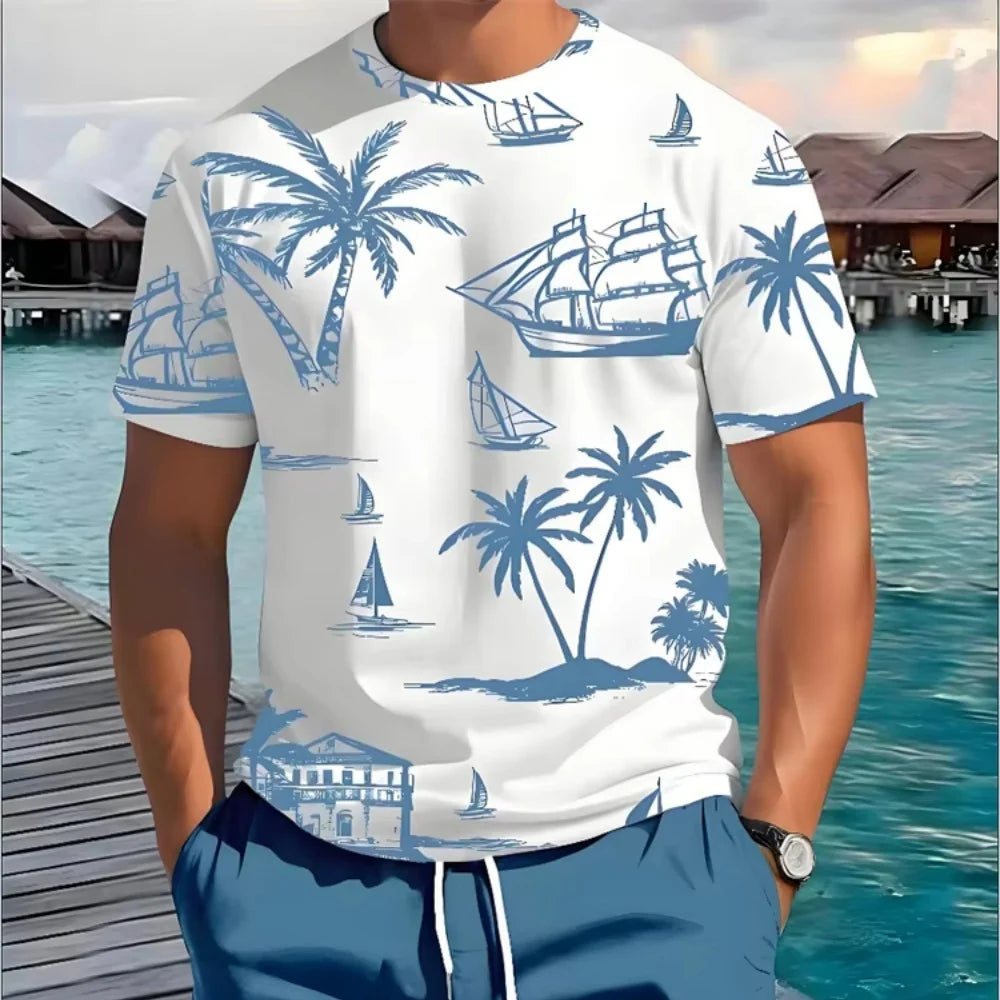 Hawaiian print T-shirt, summer unisex short-sleeved shirt, new round neck casual short-sleeved shirt, outdoor sportswear - KHOY