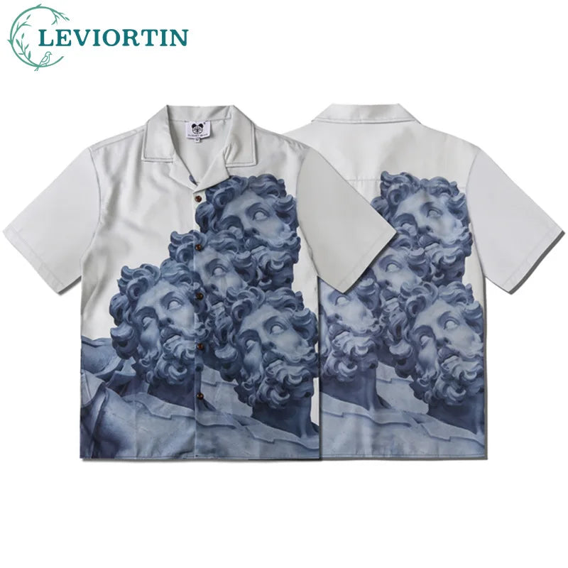 Hawaiian Shirt Y2K Hip Hop Statue Graphic Print Short Sleeve Beach Shirts 2025 Men Summer Short Sleeve Button Blouse Streetwear - KHOY