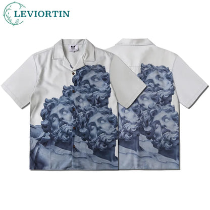 Hawaiian Shirt Y2K Hip Hop Statue Graphic Print Short Sleeve Beach Shirts 2025 Men Summer Short Sleeve Button Blouse Streetwear - KHOY