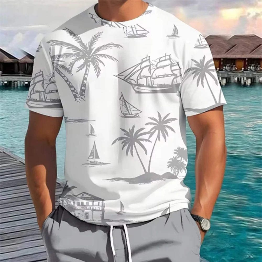 Hawaiian print T-shirt, summer unisex short-sleeved shirt, new round neck casual short-sleeved shirt, outdoor sportswear - KHOY