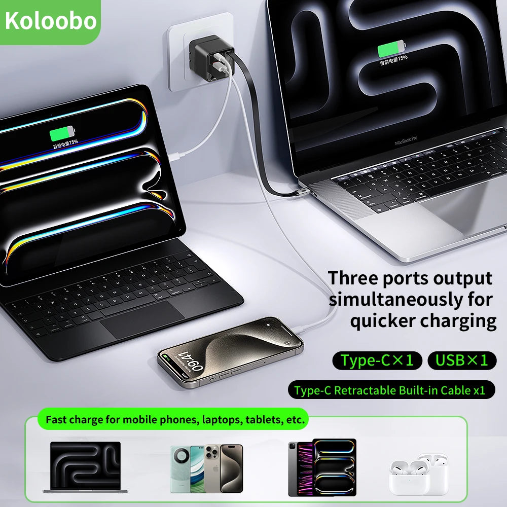 65W GaN Fast Charger Three-Port USB-C Charging Head Built-in 80cm Retractable TypeC Cable for iPhone16 15 14 13 Xiaomi Samsung - KHOY