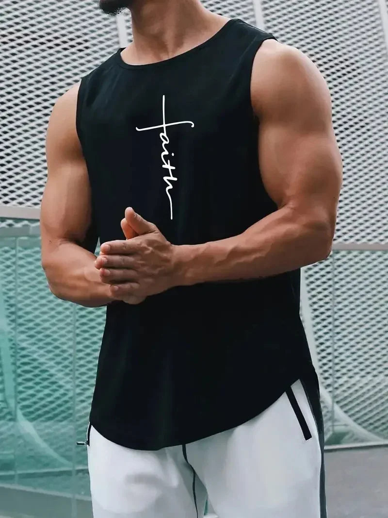Summer Simple Letter Print Men's Round Neck Tank Top Gym Fitness Training Sports Vest Plus Size Man Sleeveless Shirt Casual Tees - KHOY