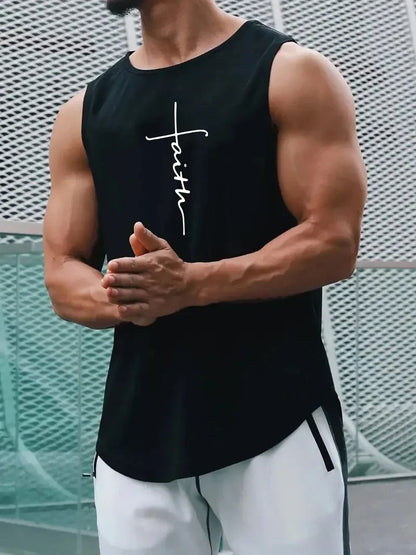 Summer Simple Letter Print Men's Round Neck Tank Top Gym Fitness Training Sports Vest Plus Size Man Sleeveless Shirt Casual Tees - KHOY