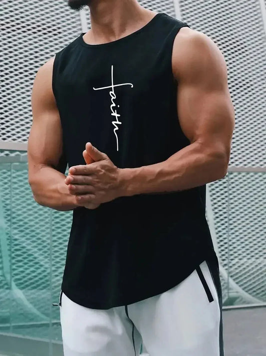 Summer Simple Letter Print Men's Round Neck Tank Top Gym Fitness Training Sports Vest Plus Size Man Sleeveless Shirt Casual Tees - KHOY