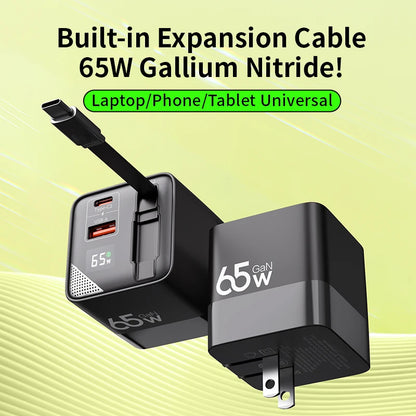 65W GaN Fast Charger Three-Port USB-C Charging Head Built-in 80cm Retractable TypeC Cable for iPhone16 15 14 13 Xiaomi Samsung - KHOY