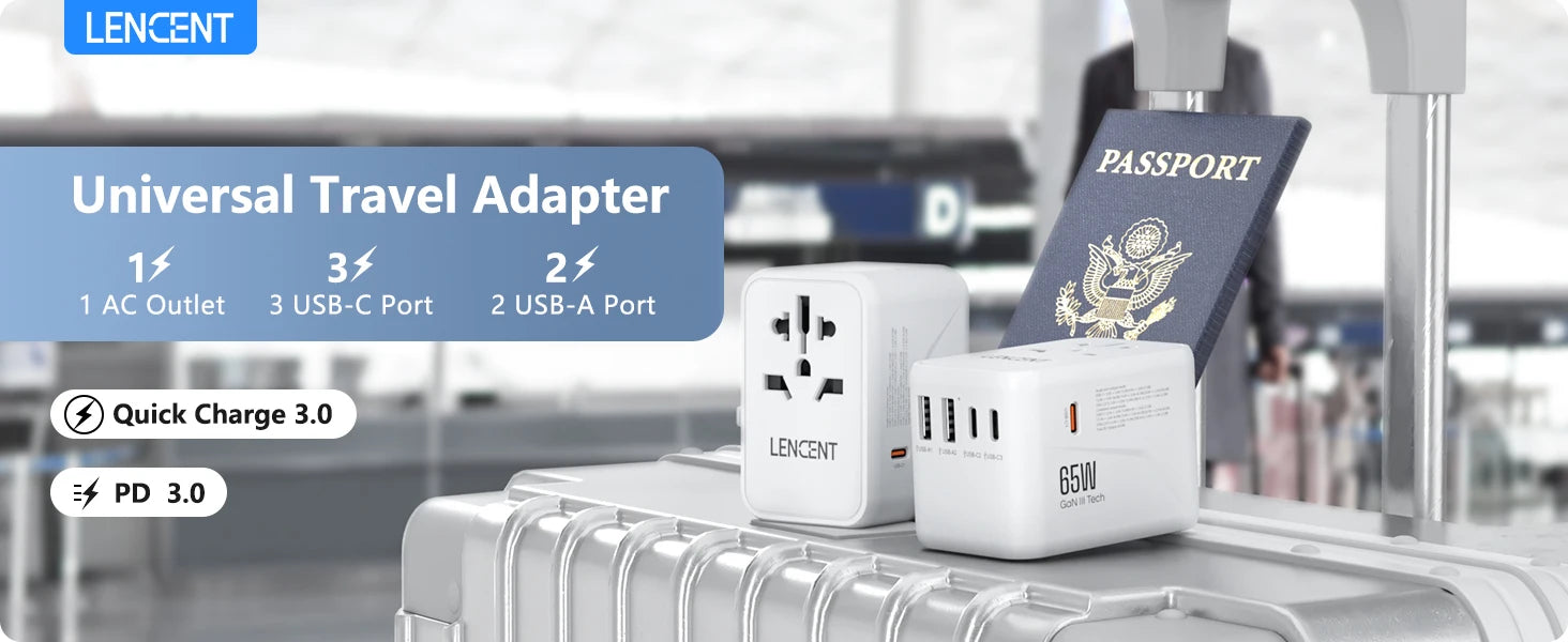 LENCENT 65W/100W GaN International Travel Adapter with 2USB 3 Type C GaN Fast Charging Adapter with EU AU US UK Plug for Travel - KHOY