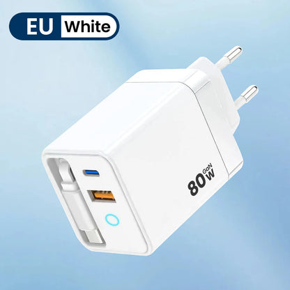80W Super Fast Charge Type C USB Phone Charger With Telescopic USB C Cable For Iphone 16 15 Samsung Laptop With Light - KHOY