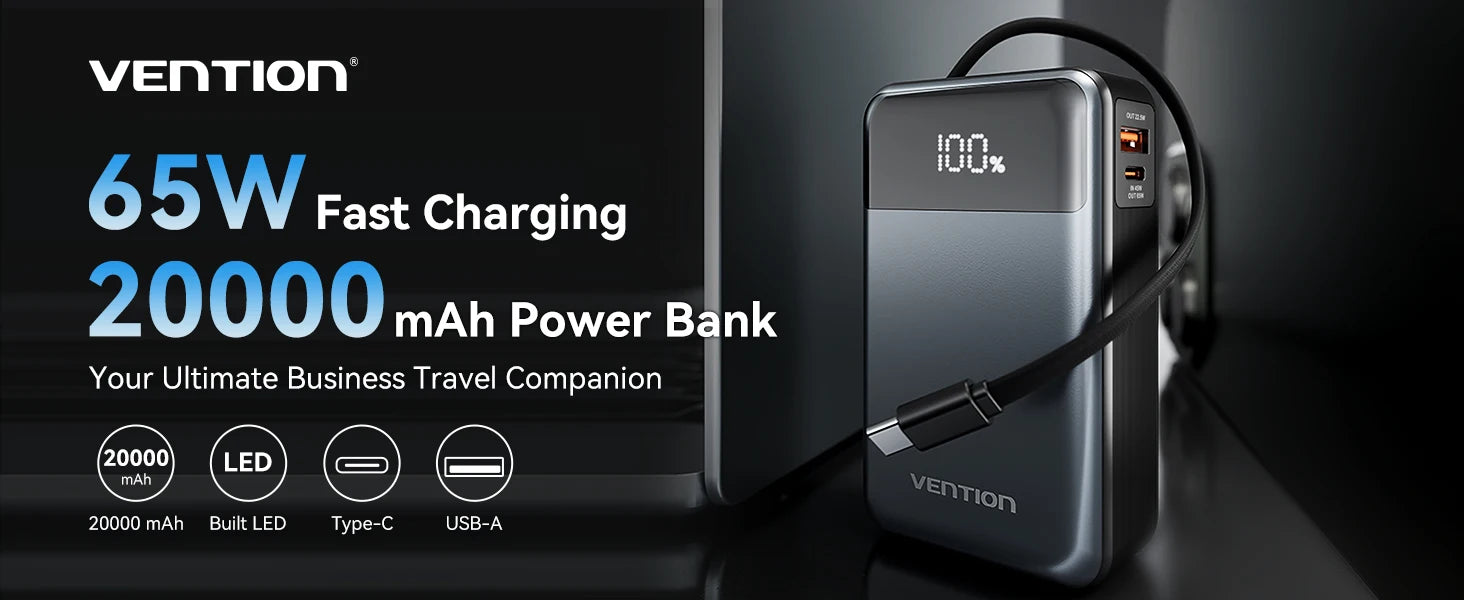 Vention Power Bank 20000mAh 65W PD Fast Charger with Built-in Type-C Cable External Spare Battery Portable Power Bank for Laptop - KHOY