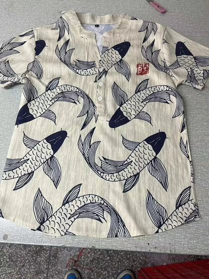 2024 Hawaiian Shirt Men's Stand Collar Short Sleeve Shirt Portrait 3D Printing Fashion Casual Bamboo Linen Top S-5XL - KHOY