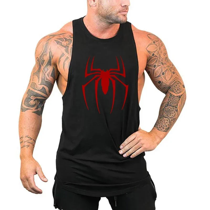 Red Spider Printed Running Tank Tops Gym Fitness Cotton Breathable Sleeveless T-Shirt Mens Bodybuilding Loose Training Clothing - KHOY