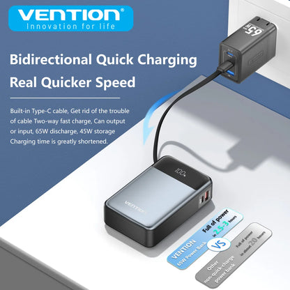 Vention Power Bank 20000mAh 65W PD Fast Charger with Built-in Type-C Cable External Spare Battery Portable Power Bank for Laptop - KHOY